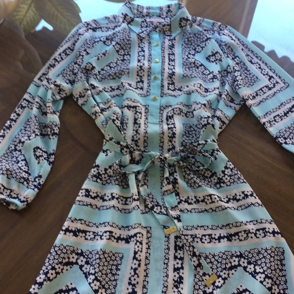 Juicy Couture Aqua and Navy Floral Print Shirt Dress